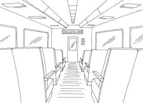 Train interior graphic black white sketch illustration vector Stock Illustration