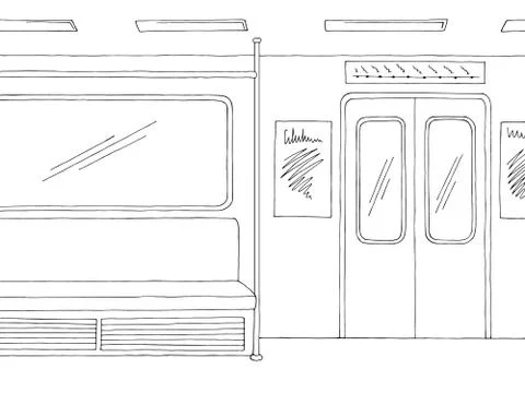 Train interior graphic metro subway black white sketch illustration vector Stock Illustration