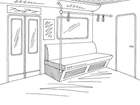 Train interior graphic metro subway black white sketch illustration vector Stock Illustration
