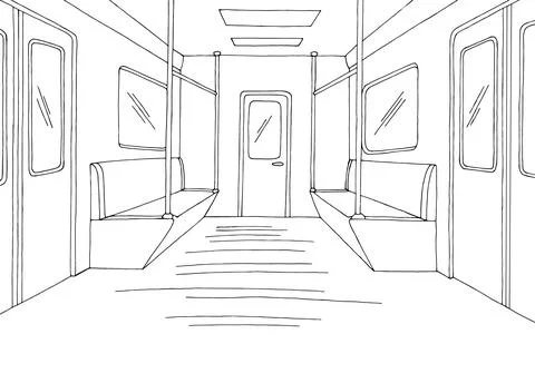 Train interior graphic metro subway black white sketch illustration vector Stockillustratie