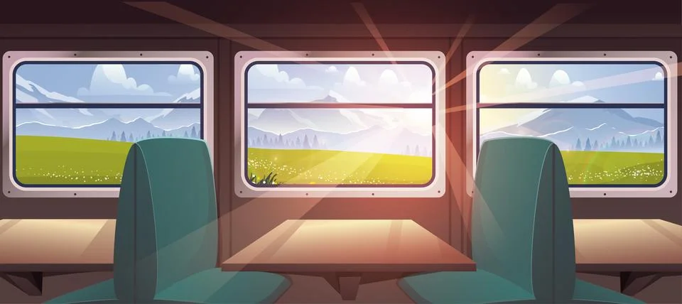 Train interior inside. Green chairs and wooden tables. Travel, trip and journey Stock Illustration
