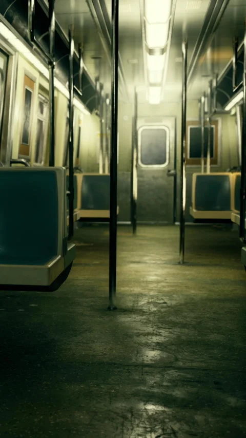 Train interior at night with empty seats and dim lights in a subway Stock Footage 331687803
