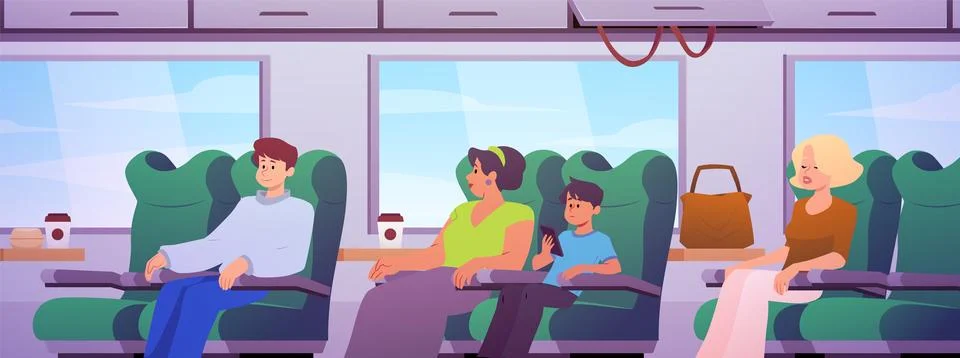 Train interior with passengers vector flat illustration, transport railway cabin Stock Illustration