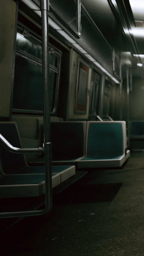 Train interior in a subway during off peak hours with empty seats Stock Footage 337925656