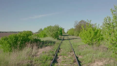 Train journey. point of view. Flying above ancient railroad. 4K drone footage. Stock Footage 132201866