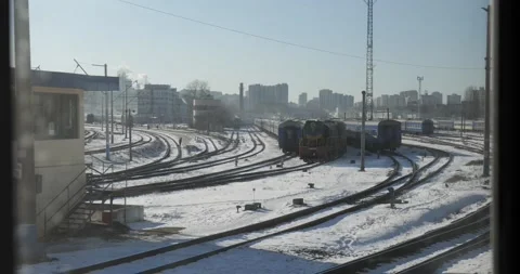 Train journey point of view from the window. Snowy railway Stock Footage 222964669