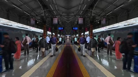 Train journey starting from a crowded platform in Mumbai, India Stock Footage 338428089