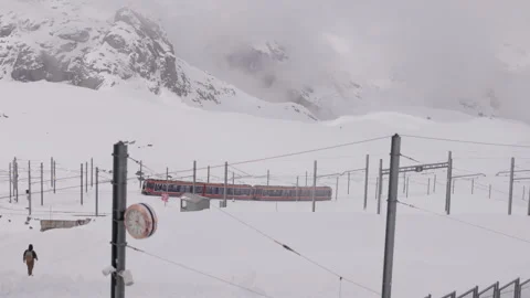 Train Journey Through Snowy Gornergrat: A Scenic Alpine Adventure Stock Footage 287380285