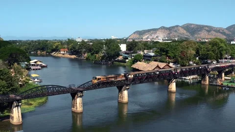 TRAIN ON THE KWAI RIVER BRIDGE 03 Stock Footage 169163934