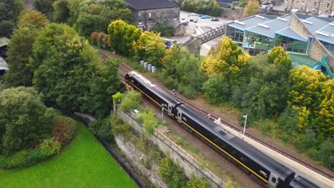 Train leaving Halifax Train Station by Drone Stock Footage 218316189