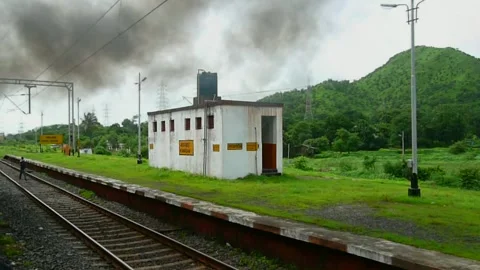 Train Leaving old Rural Remote empty village station Platform Maharashtra India 스톡 동영상 155117181