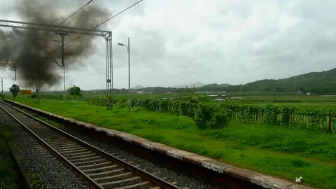 Train Leaving old Rural Remote empty village station Platform Maharashtra India 스톡 동영상 155117516