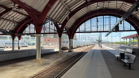 Train leaving platform at Malmo Central Station, Sweden Stock Footage 339286907