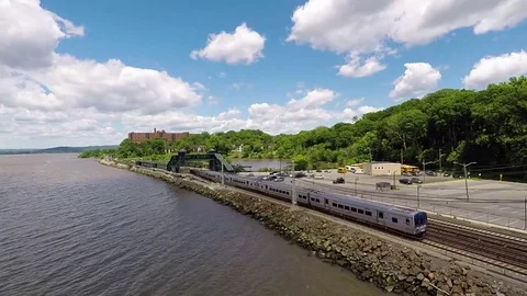 Train leaving station Stock Footage 76893296
