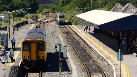 Train leaving station Stock Footage 93858060