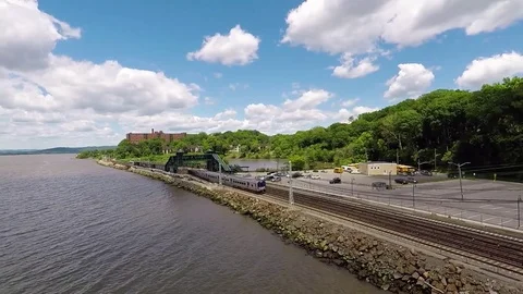 Train leaving the station Hudson River Stock Footage 76893292