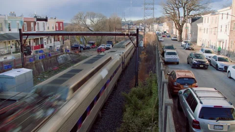 Train Leaving the Station at Sunset Stock Footage 234243923