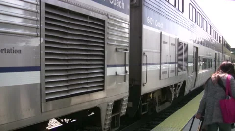 Train leaving the station in Ventura County, California Stock Footage 6843563