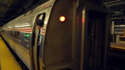 Train leaving subway train station.USA. Stock Footage