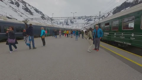 Train leaving the train station, contains people and a snowy landscape. Stock Footage 255892524