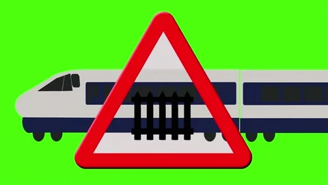 Train level crossing sign with train pas... | Stock Video | Pond5