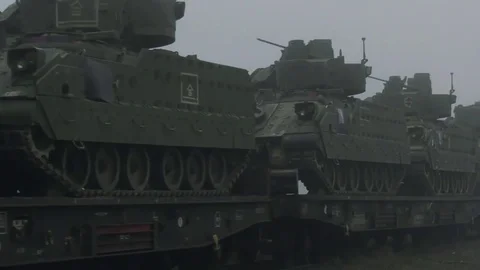 Train Loaded with Armored Vehicles Stockbeeldmateriaal 84237505