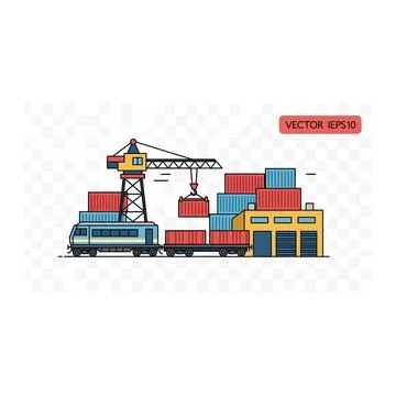 Train loading containers at warehouse with crane with depicts a logistics and Stock Illustration