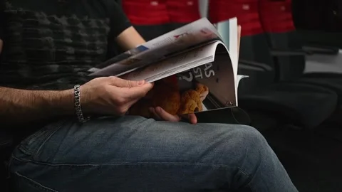 On the train, a man flips through a magazine Stock Footage 252098790