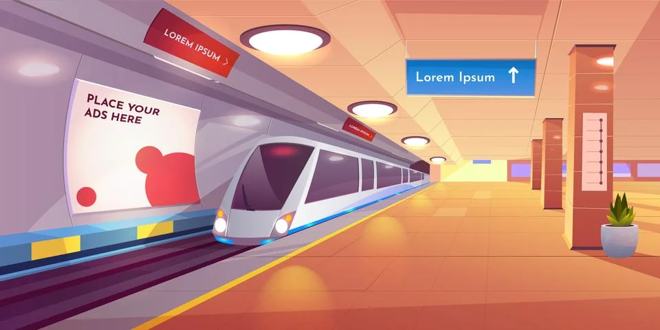 Train in metro station, empty subway platform Stock Illustration