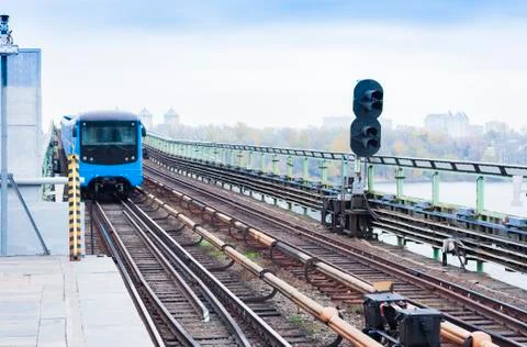 Train on the metro subway bridge over the river Dnieper in Kiev, Ukraine Stock Photos