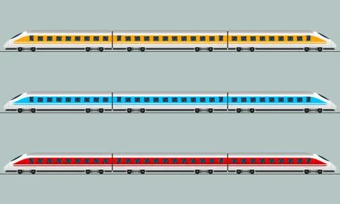 Train. Modern passenger express trains. Railway carriage. Railroad wagons. Stock Illustration