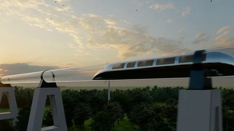 Train of monorail maglev hyperloops inside a glass tube moves at high speed Stock Footage 122820792