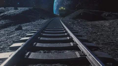 Train on a moonlit track with earth and stars in the background Stock Footage 281177867