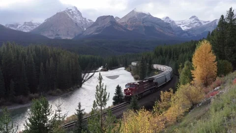 Train in Morant's curve in Bow Valley Stock Footage 197017268