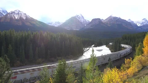 Train in Morant's curve in Bow Valley Stock Footage 197017334