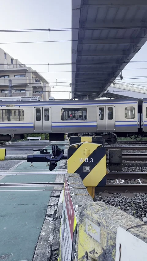 Train on the Move: Closed Gates at the Road Crossing Stock Footage 287975728
