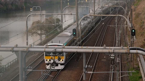 Train move at Sobu line, view from bridge, slow motion shot Stock Footage 127977648