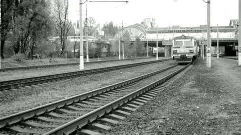 Train Moved Away On Railway On The Camera With Front View In Black White Stock Footage 84905460