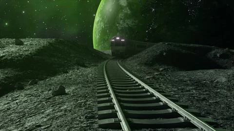 A train moves along tracks on an alien landscape under a green-lit sky with Stock Footage 281177812