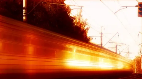 Train moves to the left along the rails. Flames color. Video stock 47908613