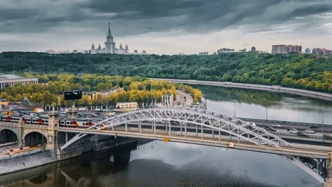 Train Moving Across A River Stock Footage 79128239