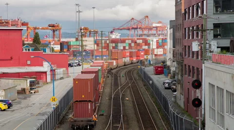 Train moving containers at shipping terminal Video stock 49367853
