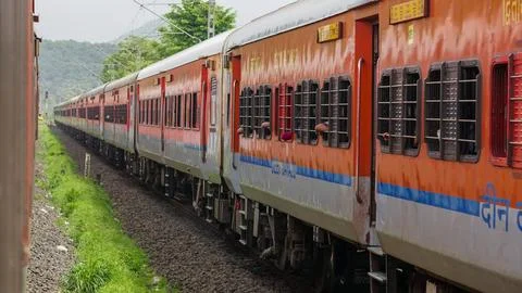 Train moving in forest 스톡 사진