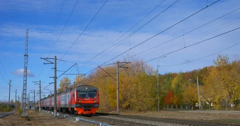 Train moving forward with blue sky in Kazan, Russia Stock Footage