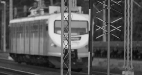 The train is moving slowly on the tracks, 4K slomo Stock Footage 169483631