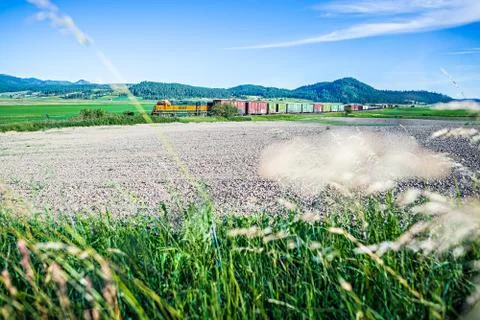 Train moving through flathead reservation in montana mountains 스톡 사진