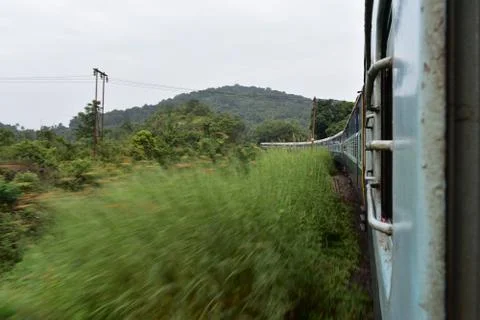 Train moving through the meadows with a motion blur effect Stock Photos