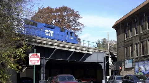 Train in New York City on elevated tracks. Cargo Train in USA Stock-Footage 200797050