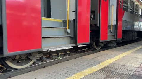 The train opens the doors. Parking while waiting for passengers Stock Footage 158551908