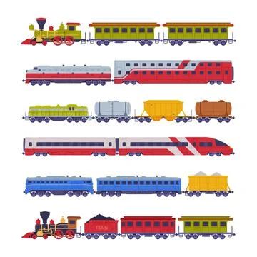 Train or Locomotive with Wagon Pulling Freight and Cargo Vector Set Illustrazione stock